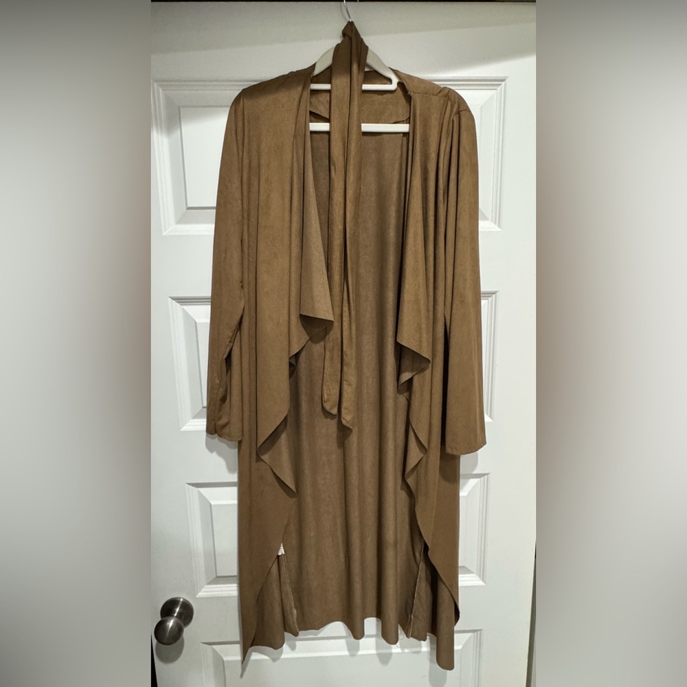 Vintage Camel Draped Faux Suede Open Cardigan with Belt